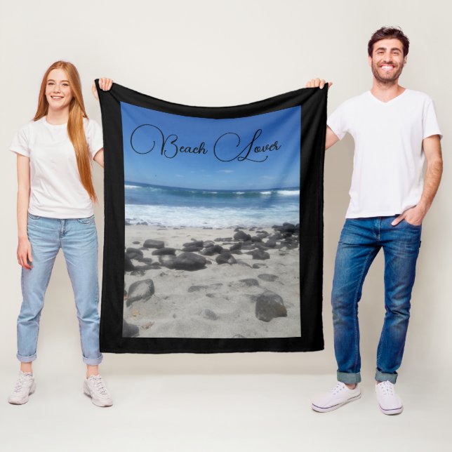 Blue Sky Ocean Lava Rocks Beach Lover Fleece Blanket (In Situ)