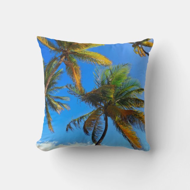 Blue Sky Palm Tree Throw Pillow – Tropical Coastal (Front)