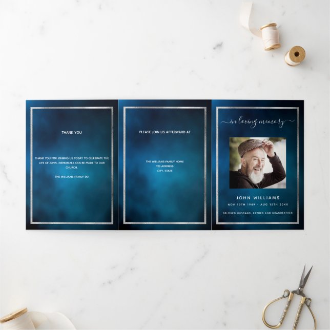 Blue sky photo tri-fold funeral memorial program (Outside)