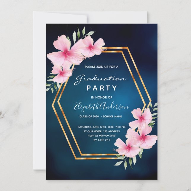 Blue sky pink floral graduation party invitation (Front)