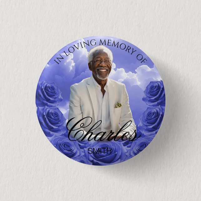 Blue Sky Roses Funeral Memorial Button Blue Roses (Front)