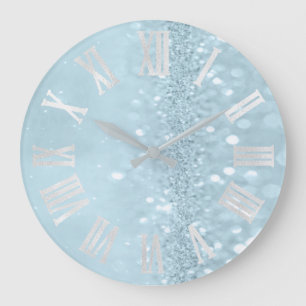 Blue Sky Silver Glitter Grey Roman Numbers Large Clock
