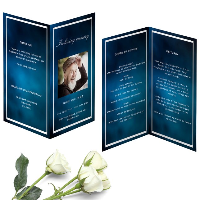 Blue sky silver photo elegant funeral program (Creator Uploaded)