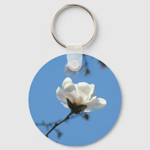 Blue Sky Spring White Magnolia Flower key chain