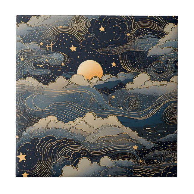 Blue sky stars moon retro ceramic tile (Front)