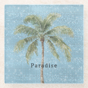 Blue Sky Tropical Palm Tree Sparkle  Glass Coaster