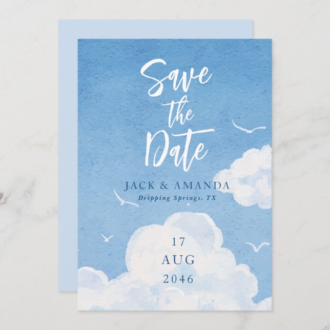 Blue Sky Watercolor Wedding Save the Date Cards (Front/Back)