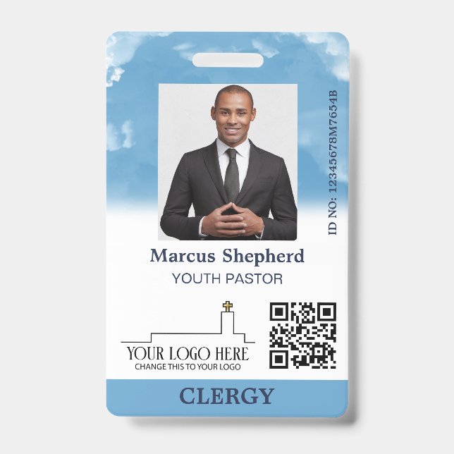 Blue Sky White Clouds Logo QR Code Church ID Badge (Front)