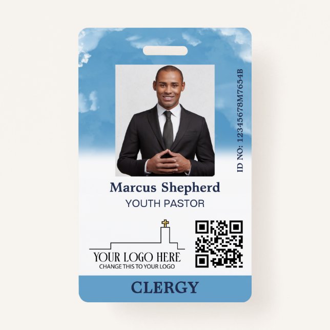 Blue Sky White Clouds Logo QR Code Church ID ID Badge (Front)