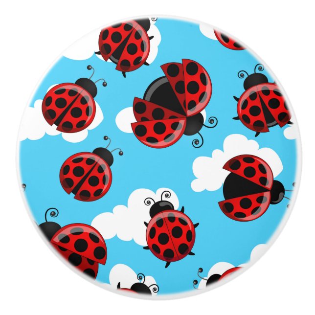 Blue Sky White Clouds Red Ladybug Beetle Insect Ceramic Knob (Front)