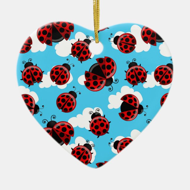 Blue Sky White Clouds Red Ladybug Beetle Insect Ceramic Ornament (Front)