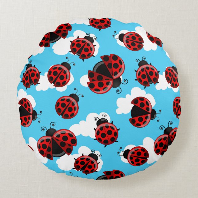 Blue Sky White Clouds Red Ladybug Beetle Round Cushion (Front)
