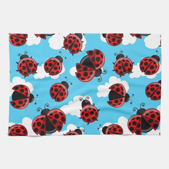Blue Sky White Clouds Red Ladybug Beetle Tea Towel (Horizontal)