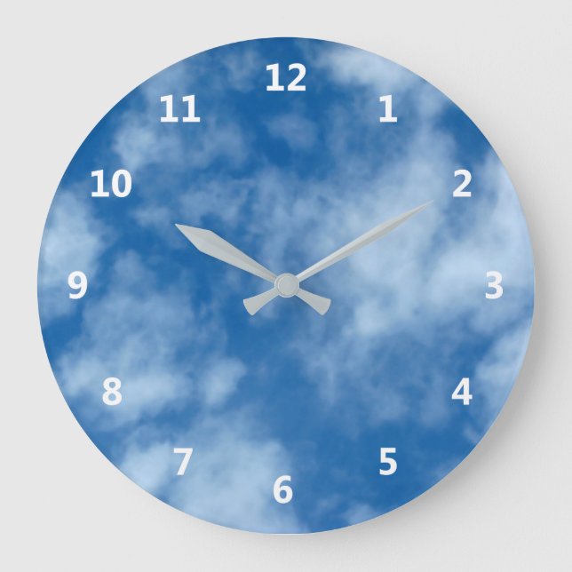 Blue Sky with Clouds Photo and White Numbers Large Clock (Front)