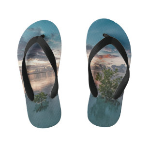 blue sky with red and dark clouds reflected on sea kid's thongs