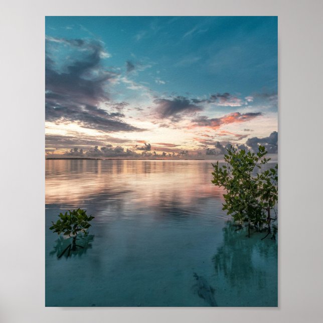 blue sky with red and dark clouds reflected on sea poster (Front)