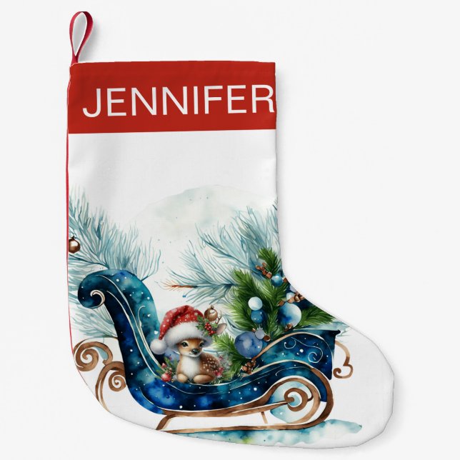 Blue Sled Baby Reindeer Small Christmas Stocking (Front)