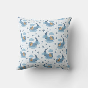 Blue Sleeping Baby Bear On Moon Clouds & Stars Cushion