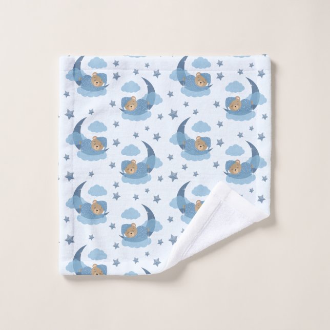 Blue Sleeping Baby Bear On Moon Clouds & Stars Wash Cloth (Wash Cloth)