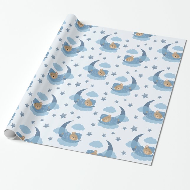 Blue Sleeping Baby Bear On Moon Clouds & Stars Wrapping Paper (Unrolled)