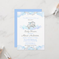 Blue Sleeping Baby Elephant Baby Shower Invitation