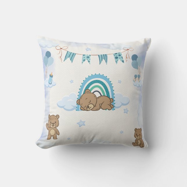 Blue Sleeping Teddy Bear Nursery Cushion (Front)