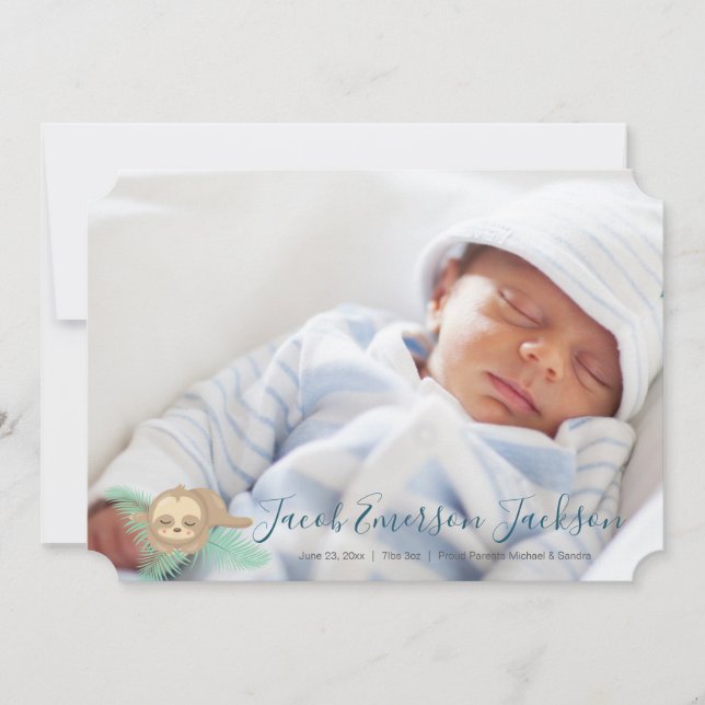 Blue Sleepy Baby Sloth Baby Photo Announcement (Front)