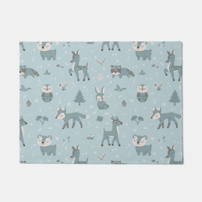 Blue Sleepy Little Woodland Critters Doormat (Front)