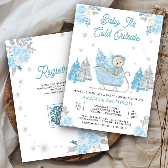 Blue Sleigh Cute Teddy Bear Baby Shower Invitation (Creator Uploaded)