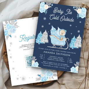 Blue Sleigh Cute Teddy Bear Navy Baby Shower Invitation