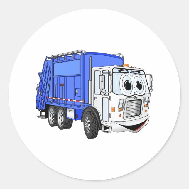 Blue Smiling Cartoon Garbage Truck Classic Round Sticker (Front)