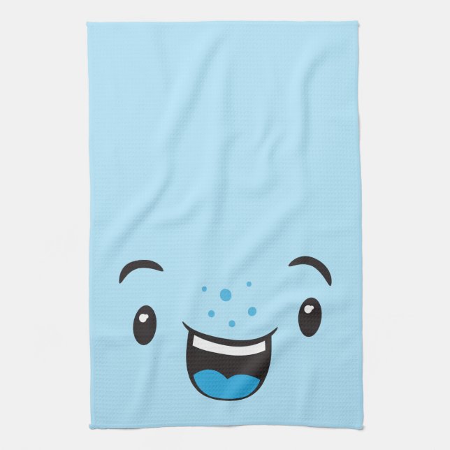 Blue Smiling Kawaii Face Kitchen Towel (Vertical)