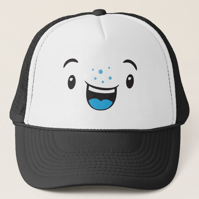 Blue Smiling Kawaii Face Trucker Hat (Front)