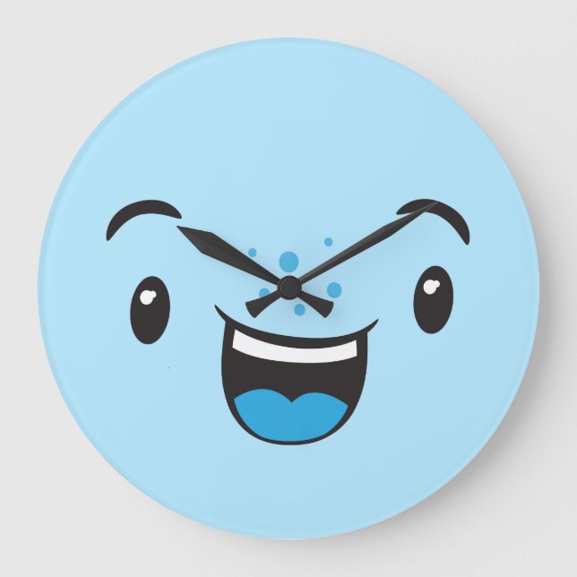 Blue Smiling Kawaii Face Wall Clock (Front)