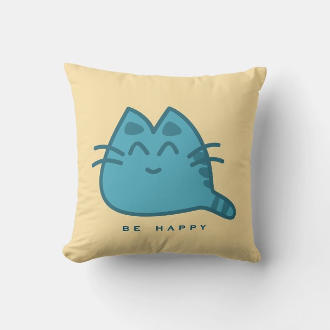 Blue Smiling Kitty Cat Cushion (Front)