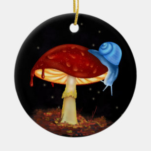 Blue Snail Red Mushroom Illustration Ceramic Ornament
