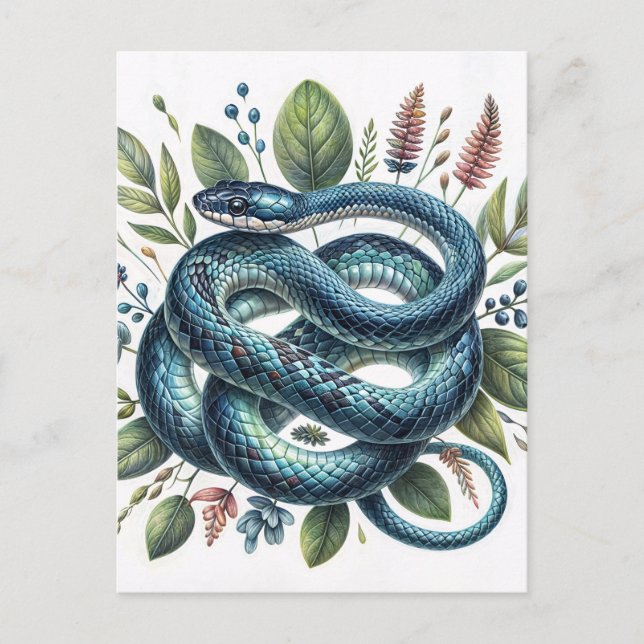 Blue Snake Botanical Watercolor Art Postcard (Front)