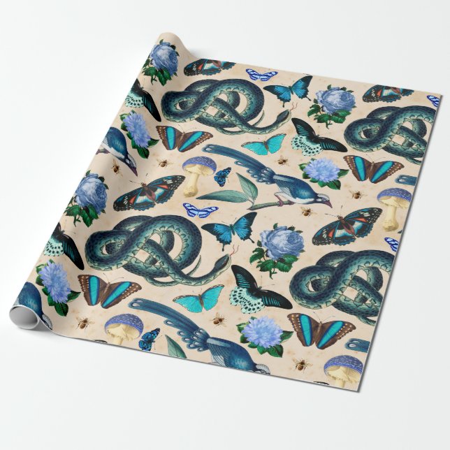 Blue Snakes Birds and Butterfly Wrapping Paper (Unrolled)