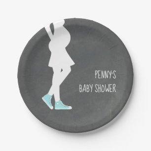 Blue Sneakers Baby Bump Baby Shower Paper Plate