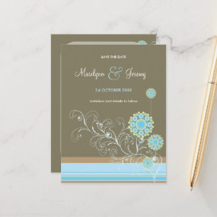 Blue Snow Flower Swirls Wedding Save The Date Announcement Postcard