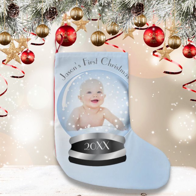 blue  snow globe baby boy first Christmas Small Christmas Stocking (blue snow globe baby boy first Christmas Small Christmas Stocking)