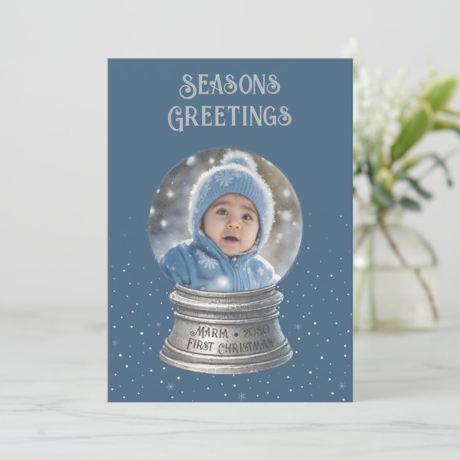 Blue Snow Globe Photo Flat Holiday Card (Standing Front)