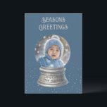 Blue Snow Globe Photo Flat Holiday Card<br><div class="desc">Send your seasonal greetings in style with this fully customisable holiday card featuring a whimsical snow globe design. The card showcases your personal photo in the snow globe, allowing you to capture a special moment with family, pets, or favourite holiday decor. The background is a festive blue with a sprinkle...</div>
