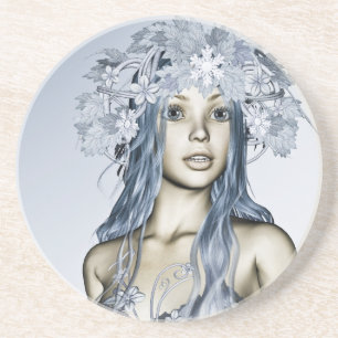 Blue Snow Maiden Winter Fantasy Portrait Coaster