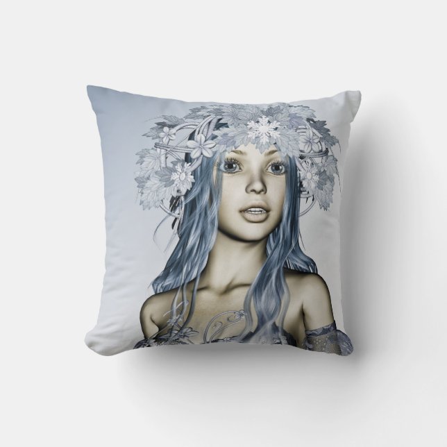 Blue Snow Maiden Winter Fantasy Portrait Cushion (Front)