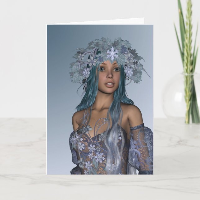 Blue Snow Maiden Winter Fantasy Portrait Holiday Card (Front)