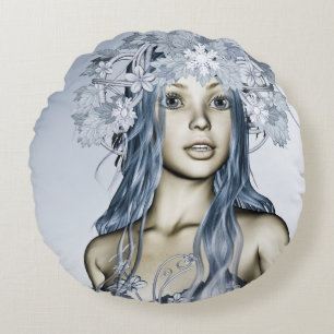 Blue Snow Maiden Winter Fantasy Portrait Round Cushion