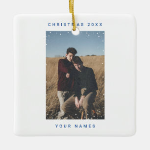 BLUE Snowfall Photo Text Noise Film Overlay Ceramic Ornament