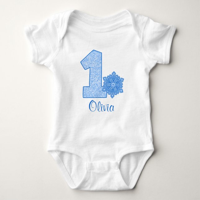 Blue Snowflake 1st Birthday Personalised Baby Bodysuit (Front)