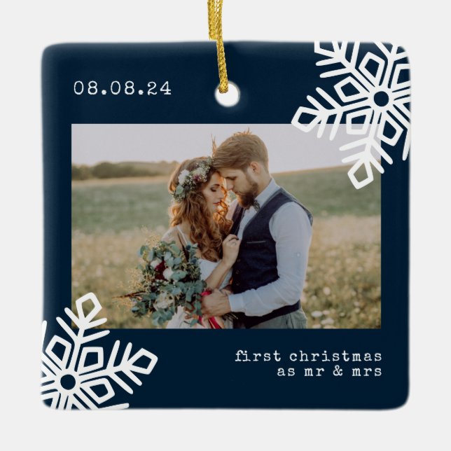 Blue Snowflake 1st Christmas as Mr & Mrs Photo Ceramic Ornament (Front)